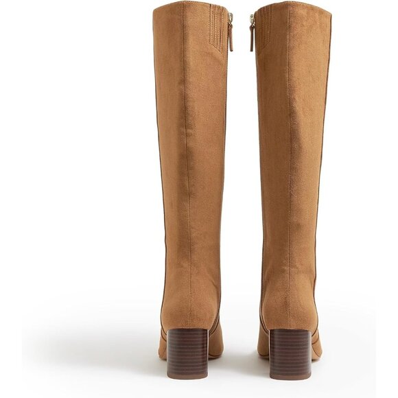 Women's Light Brown Chunky Heel Knee High Boots Suede Round Toe Fall Winter Tall - Picture 6 of 6